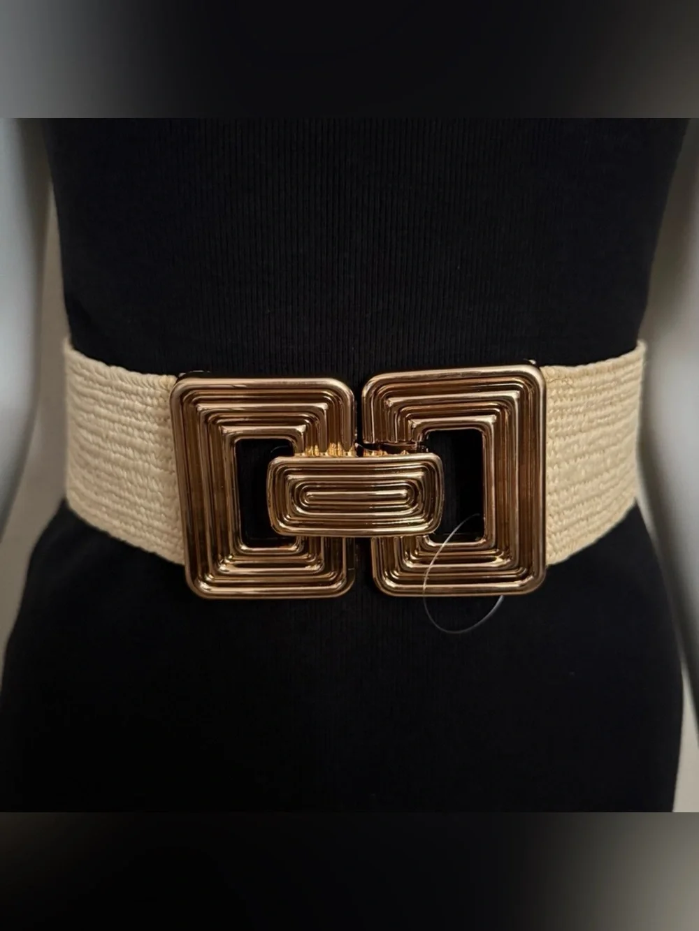 Beige paper stretchy waistband belt with gold tone buckle